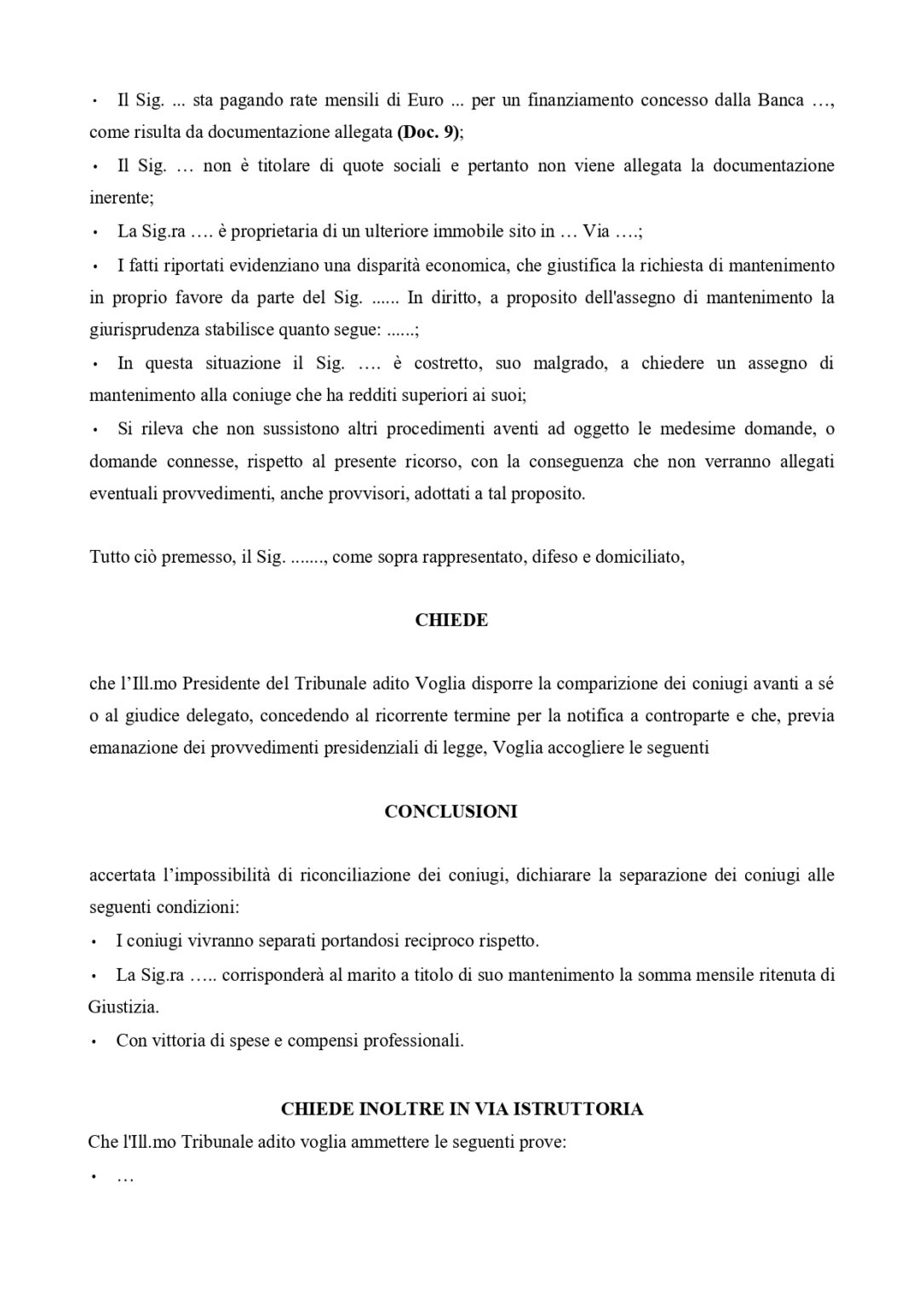 FAC SIMILE MODELLO NUOVA SEPARAZIONE GIUDIZIALE SENZA FIGLI MINORI